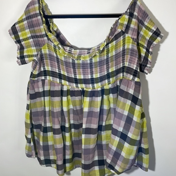 TORRID 5 MULTI PLAID SMOCKED OFF SHOULDER PEPLUM TOP - Picture 4 of 9